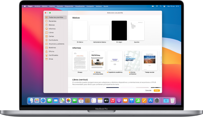 Un MacBook Pro con el selector de plantilla de Pages abierto en la pantalla. En la izquierda está seleccionada la categoría “Todas las plantillas” y en la derecha aparecen las plantillas prediseñadas en filas por categorías.