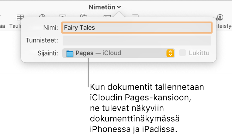 Tallenna-valintaikkuna dokumentille, jonka Missä-ponnahdusvalikossa on Pages – iCloud.