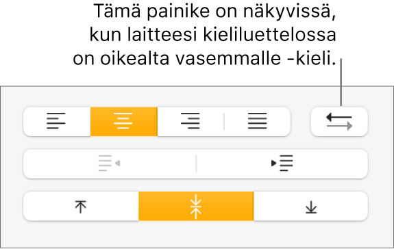 Muoto-sivupalkin Tasaus-osiossa oleva Kappaleen suunta -painike.