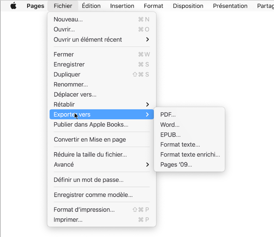 Menu Fichier ouvert avec l’option Exporter vers sélectionnée, le sous-menu affichant les options d’exportation en format PDF, Word, texte (.txt), RTF, EPUB ou Pages ’09
