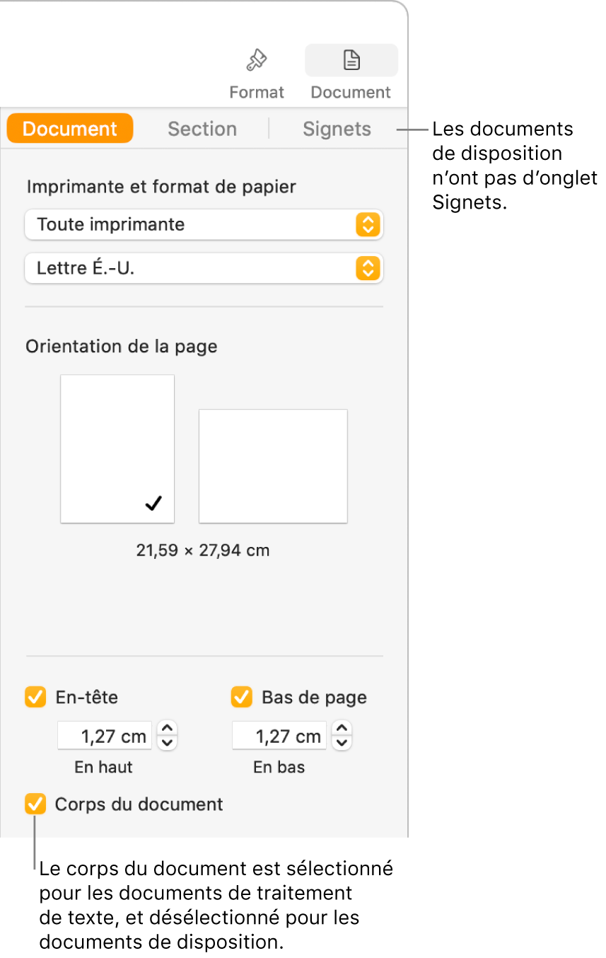 La barre latérale Format avec les onglets Document, Section et Signets en haut. L’onglet Document est sélectionné, et une légende accompagnant l’onglet Signets indique que les documents de mise en page n’ont pas d’onglet Signets. La case « Corps du document » est cochée, ce qui indique également qu’il s’agit d’un document de traitement de texte.