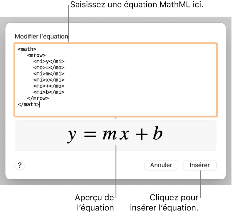 Équation de la pente d’une droite dans le champ Modifier l’équation et aperçu de la formule en dessous.