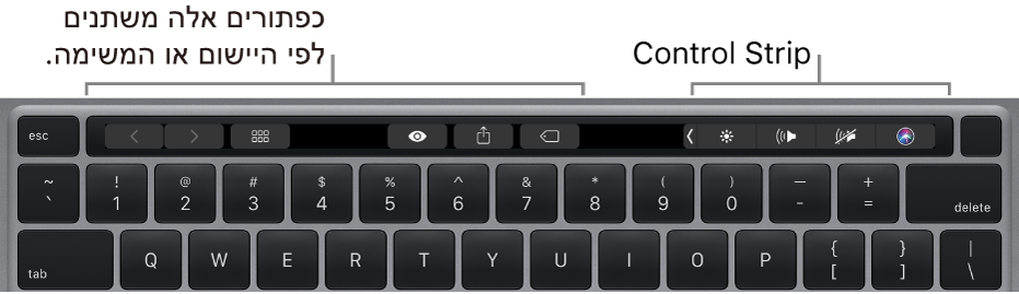 מקלדת עם Touch Bar מעל למקשי המספרים. כפתורים לשינוי מלל נמצאים משמאל ובאמצע. Control Strip מימין מכיל פקדי מערכת לשינוי הבהירות, לכוונון עוצמת הקול ולהפעלת Siri.