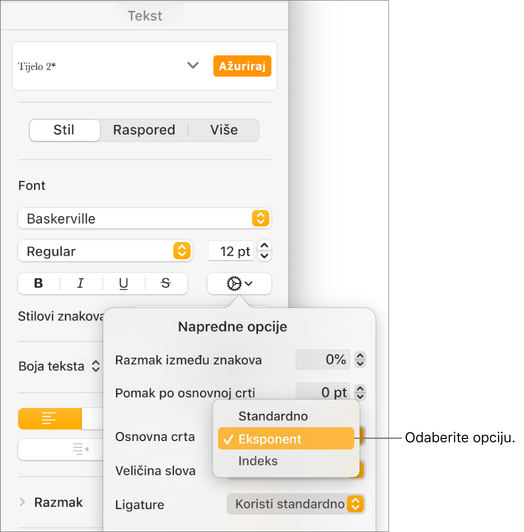 Izbornik s naprednim opcijama s otvorenim skočnim izbornikom Osnovna crta i s prikazom stavki izbornika Standardno, Eksponent i Indeks.