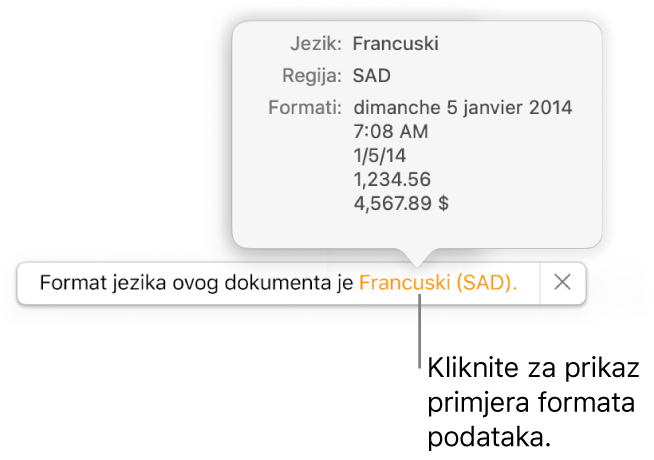 Obavijest o postavci drugog jezika i regije, pokazuje primjere formatiranja na tom jeziku i u toj regiji.