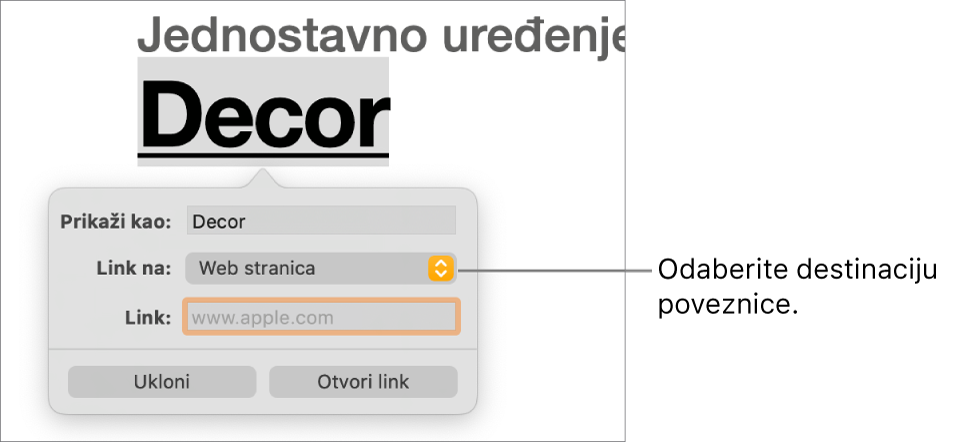 Kontrole urednika linkova s poljem Prikaži, skočnim izbornikom „Link na“ (odabrana je Web stranica) i poljem Link. Tipke Ukloni i Otvori link nalaze se na dnu kontrola.