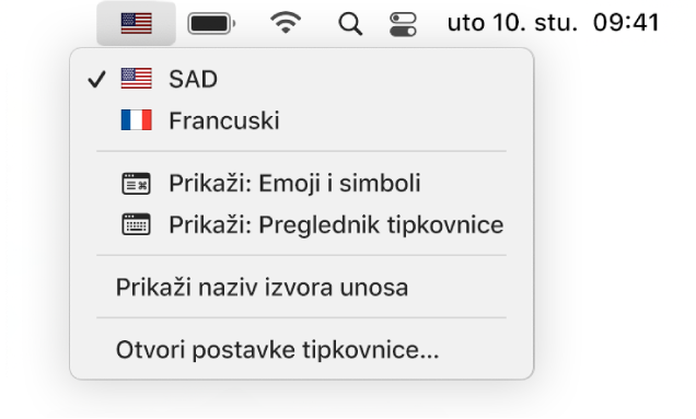 Izbornik unosa u gornjem desnom kutu trake s izbornicima.