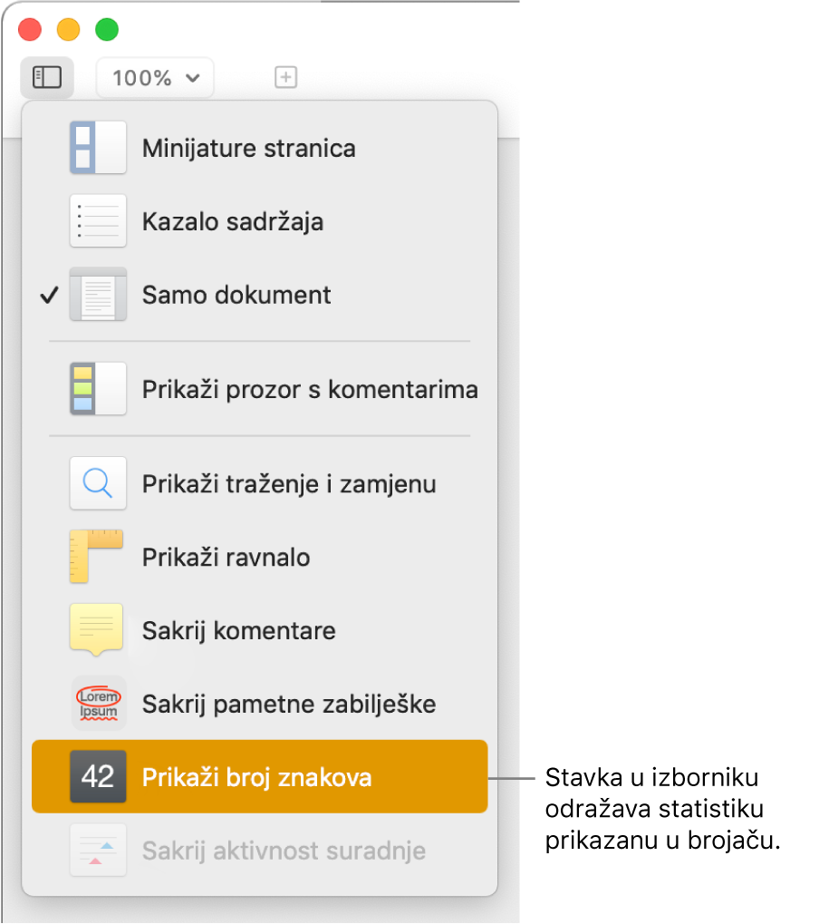 Izbornik Prikaz otvoren s opcijom Prikaži broj znakova pri dnu.