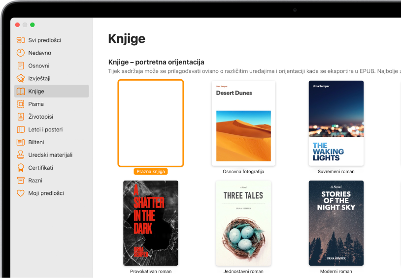 Izbornik predložaka s aplikacijom Books odabranom u popisu kategorija s lijeve strane i predlošci knjiga u orijentaciji portret s desne strane.