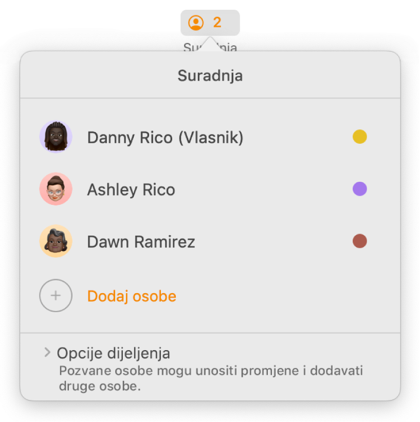 Izbornik Suradnja prikazuje imena ljudi koji surađuju na dokumentu. Opcije dijeljenja nalaze se ispod imena.