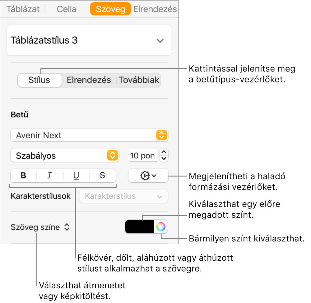 A táblázatszöveg stílusának beállítására szolgáló vezérlők.