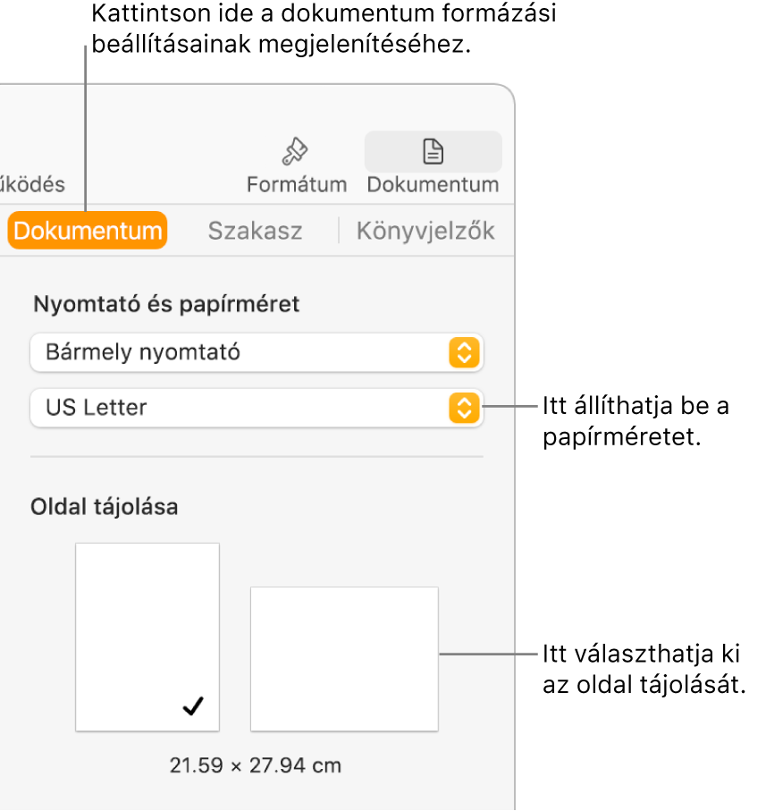 A Dokumentum oldalsáv az oldalsáv tetején kijelölt Dokumentum lappal. Az oldalsávon a papírméret beállítására szolgáló előugró menü, valamint az oldal álló és fekvő tájolásának kiválasztására szolgáló gombok láthatók.