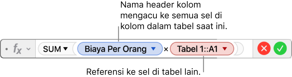 Editor Formula menampilkan formula yang merujuk pada kolom di satu tabel dan sel di tabel lain.