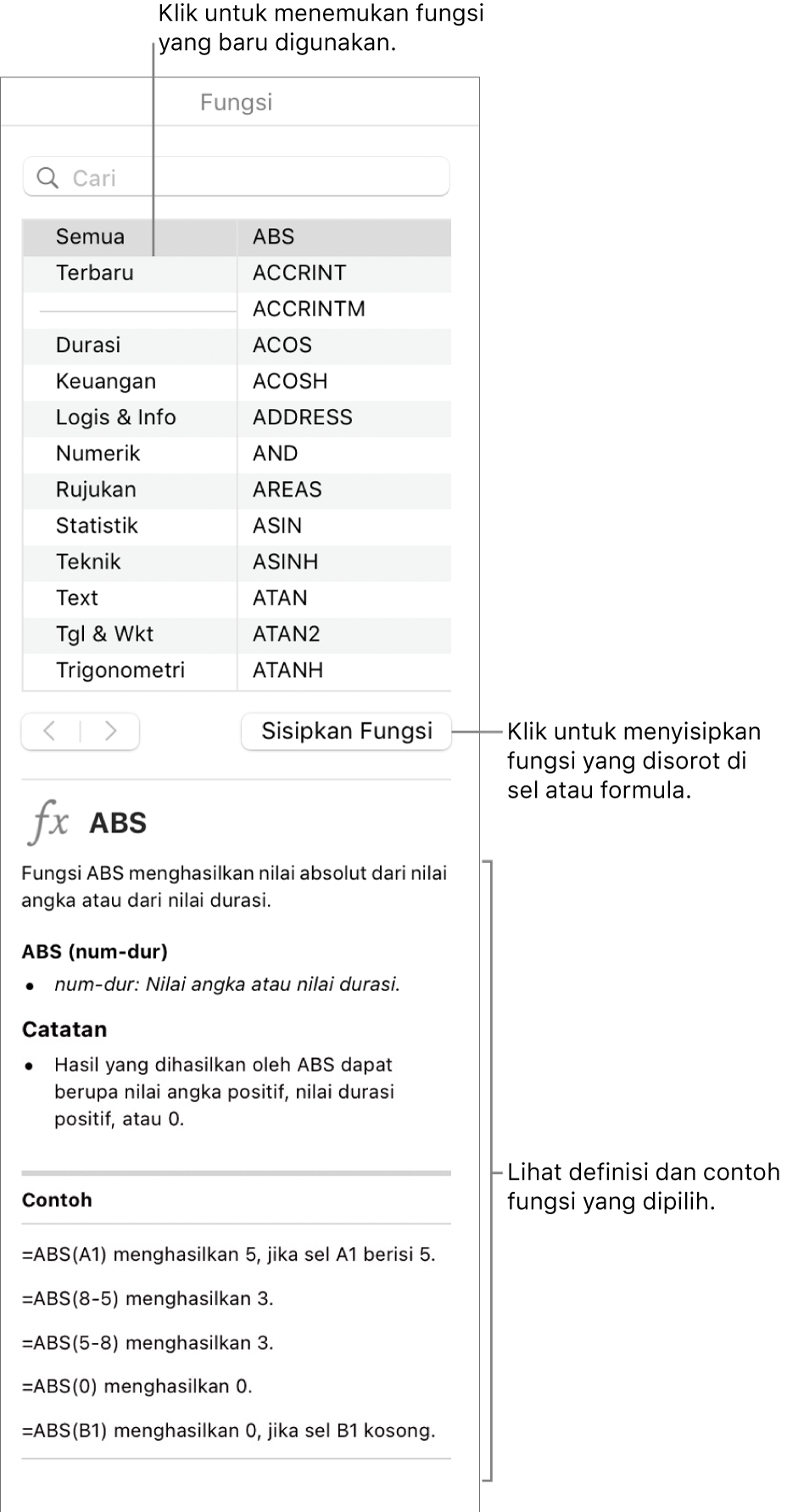 Browser Fungsi dengan keterangan pada fungsi yang baru digunakan, tombol Sisipkan Fungsi, dan definisi fungsi.