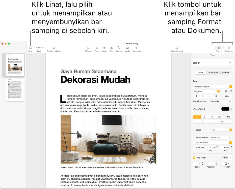 Jendela Pages dengan keterangan pada tombol menu Lihat serta Tombol Format dan Dokumen di bar alat. Bar samping terbuka di kiri dan kanan.