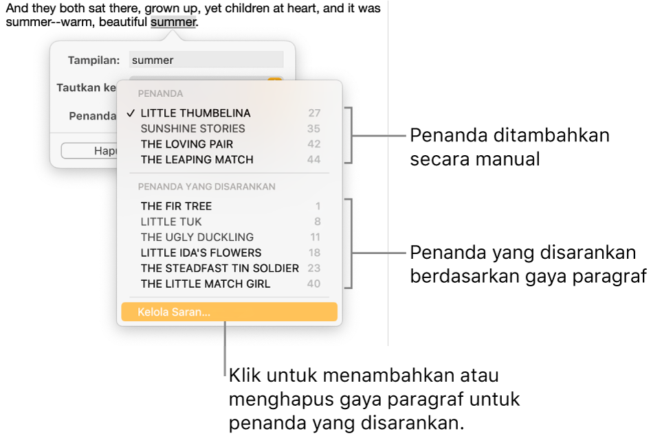 Daftar penanda dengan penanda yang ditambahkan secara manual di atas dan penanda yang disarankan di bawah. Pilihan Kelola Saran berada di bagian bawah.