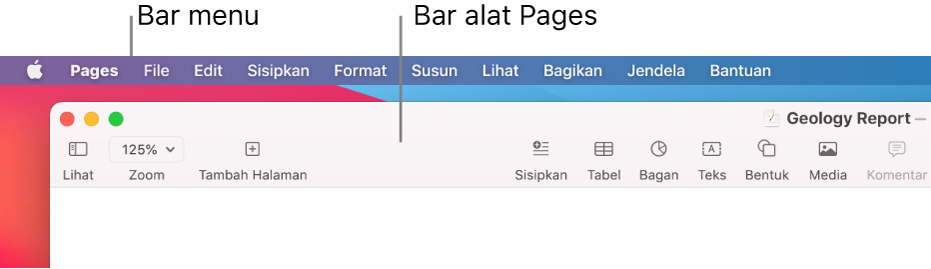Bar menu di bagian atas layar dengan menu Apple, Pages, File, Edit, Sisipkan, Format, Susun, Lihat, Bagikan, Jendela, dan Bantuan. Di bawahnya adalah dokumen Pages yang terbuka dengan tombol bar alat di sepanjang bagian atas untuk Lihat, Zoom, Tambah Halaman, Sisipkan, Tabel, Bagan, Teks, Bentuk, Media, dan Komentar.