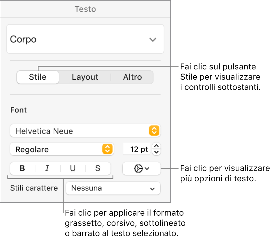 Controlli di Stile nella barra laterale Formato con didascalie per i pulsanti Grassetto, Corsivo, Sottolineato e Barrato.