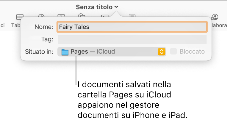 Finestra di dialogo Salva per un documento con “Pages — iCloud” nel menu a comparsa Dove.