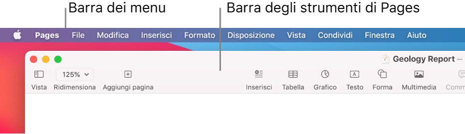 Barra dei menu con il menu Apple e il menu Pages nell'angolo superiore sinistro e sotto, la barra degli strumenti di Pages con i pulsanti Visualizza e Ridimensiona.