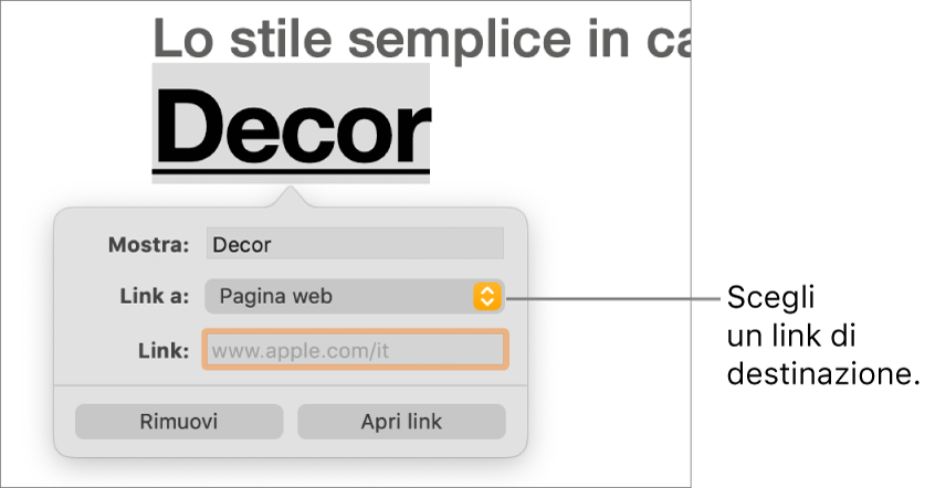 I controlli dell’editor dei link con un campo Mostra, “Link a” (impostato su “Pagina web”) e il campo Link. Nella parte inferiore dei controlli sono presenti i pulsanti “Rimuovi” e “Apri link”.