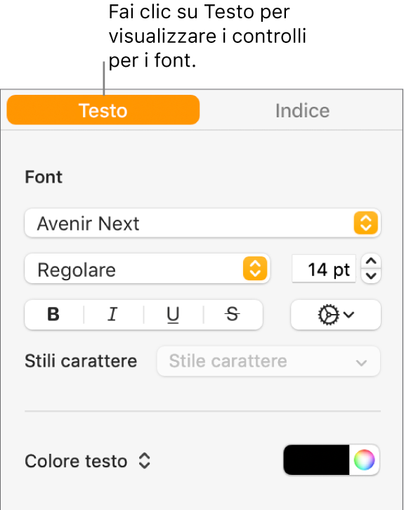 La barra laterale Formato con il pannello Testo selezionato e i controlli del font per modificare il font, la dimensione del font e aggiungere stili di carattere.