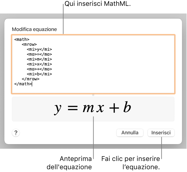 L'equazione del coefficiente angolare di una retta nel campo “Modifica equazione” e un'anteprima della formula sotto.