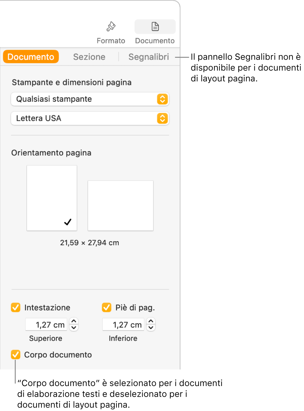 La barra laterale Formattazione, con i pannelli Documento, Sezione e Segnalibri nella parte superiore. Il pannello Documento è selezionato e una didascalia del pannello Segnalibri indica che i documenti di layout pagina non dispongono di un pannello Segnalibri. Il riquadro “Corpo documento” è selezionato, che indica anche che si tratta di un documento di elaborazione di testo.