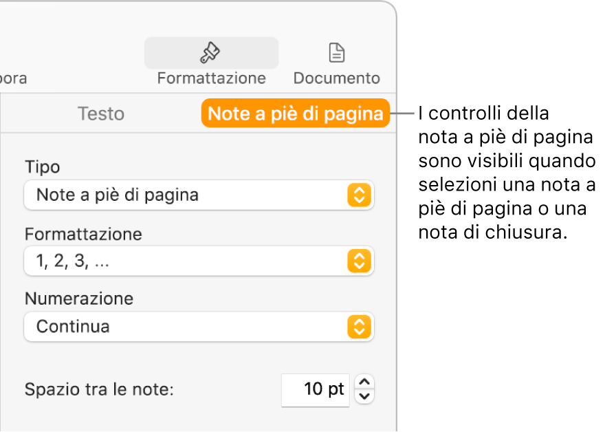 Pannello “Note a piè di pagina” con i menu a comparsa Tipo, Formato, Numerazione e “Spazio tra le note”.