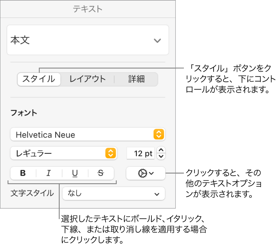 「フォーマット」サイドバーの「スタイル」コントロール。「ボールド」、「イタリック」、「アンダーライン」、および「取り消し線」ボタンのコールアウトが表示された状態。