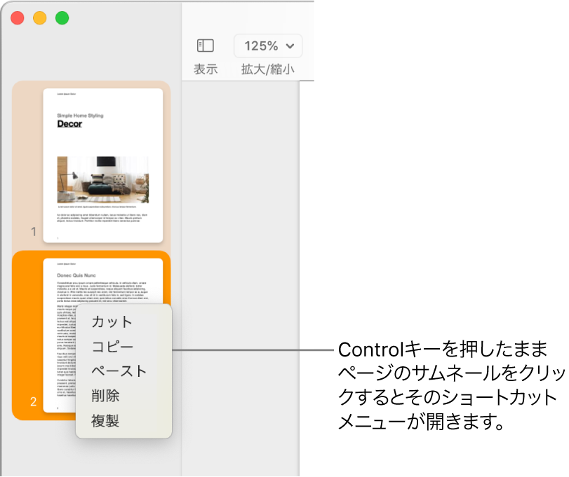 ページのサムネール表示。1つのサムネールが選択されていて、ショートカットメニューが開いている状態。