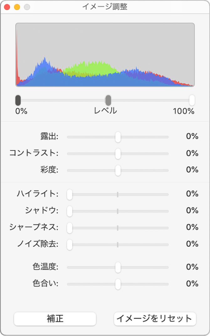 「イメージ調整」ウインドウ。露出、コントラスト、彩度、ハイライト、シャドウ、シャープネス、ノイズ除去、色温度、および色合いを設定するためのスライダが表示された状態。