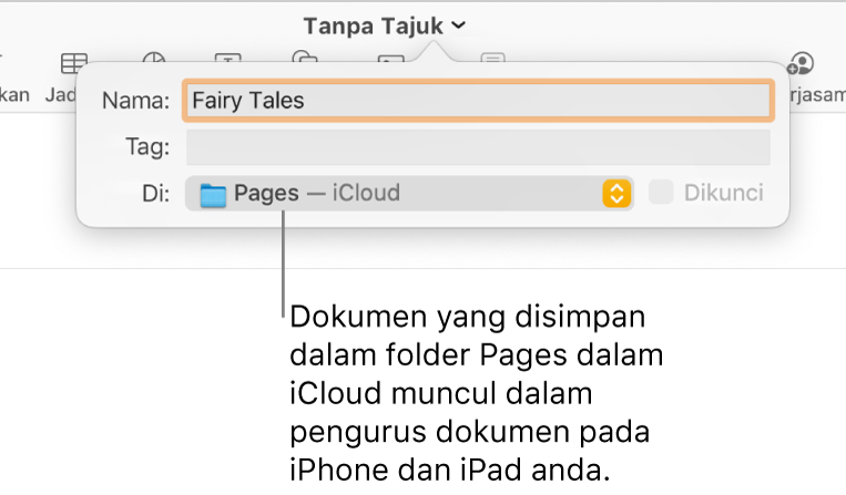 Dialog Simpan untuk dokumen dengan Pages—iCloud dalam menu timbul Di.