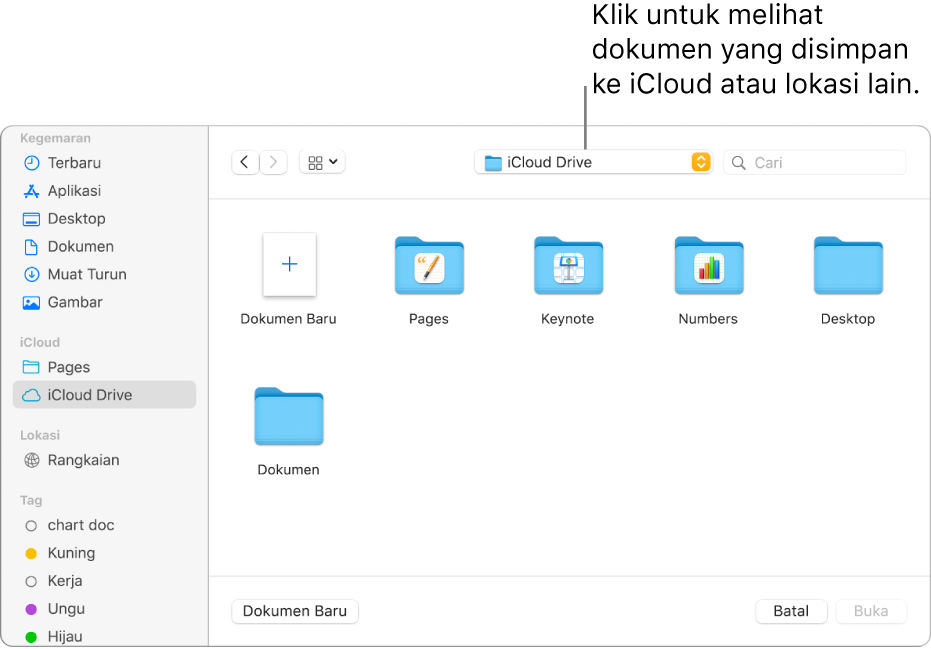 Dialog Buka dengan bar sisi dibuka pada bahagian kiri dan iCloud Drive dipilih dalam menu timbul di bahagian atas. Folder untuk Keynote, Numbers dan Pages kelihatan dalam dialog, bersama dengan butang Dokumen Baharu.