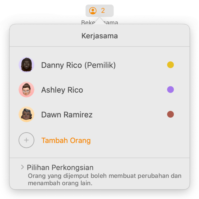 Menu Kerjasama menunjukkan nama orang yang bekerjasama pada dokumen. Pilihan berkongsi adalah di bawah nama.