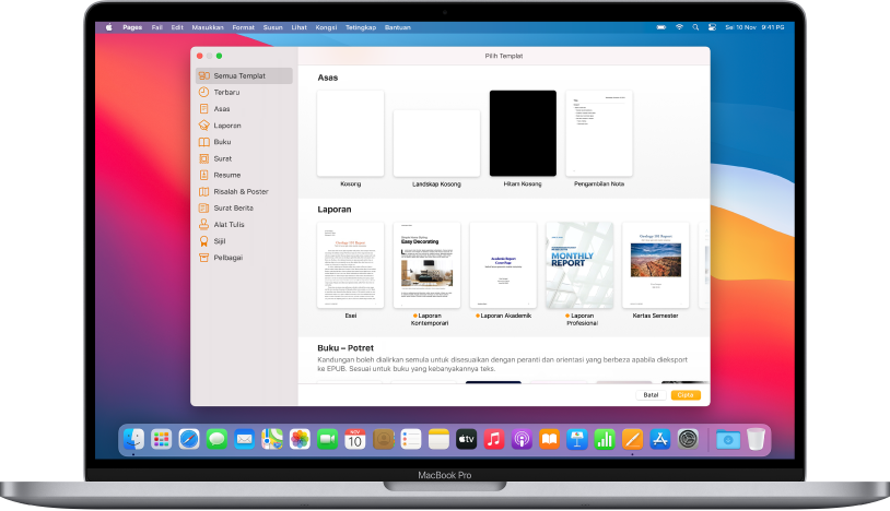 MacBook Pro dengan pemilih templat Pages dibuka pada skrin. Kategori Semua Templat dipilih di sebelah kiri dan templat dipra reka bentuk muncul di sebelah kanan dalam baris mengikut kategori.