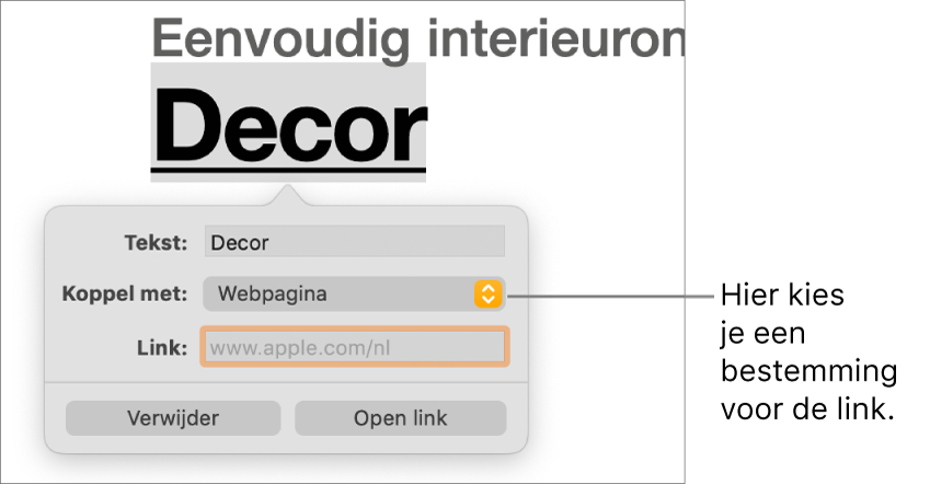 De regelaars in de linkeditor met het veld 'Tekst', het venstermenu 'Koppel met' (ingesteld op 'Webpagina') en het veld 'Link'. Onder aan de regelaars staan de knoppen 'Verwijder' en 'Open link'.
