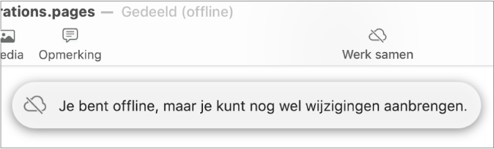 De volgende melding staat op het scherm: 'Je bent offline, maar je kunt nog wel wijzigingen aanbrengen.'