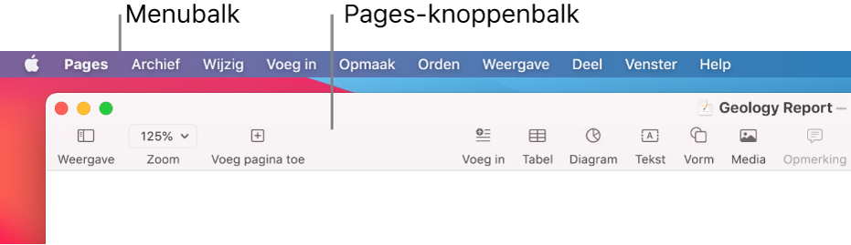 De menubalk met het Apple-menu en het Pages-menu in de linkerbovenhoek, met daaronder de Pages-knoppenbalk met knoppen voor 'Weergave' en 'Zoom' in de linkerbovenhoek.