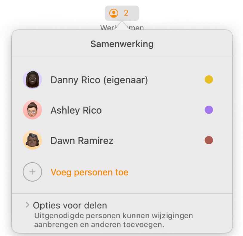 Het menu 'Samenwerking' met daarin de namen van mensen die samen aan het document werken. Onder de namen staan de opties voor delen.