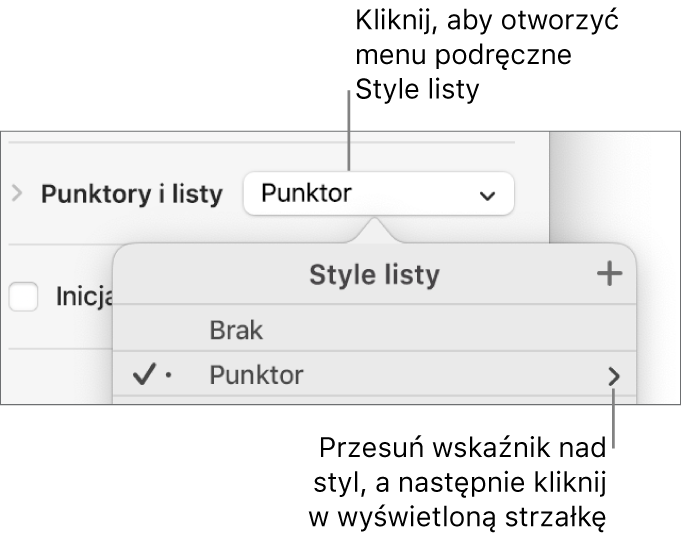 Menu podręczne Style listy z jednym zaznaczonym stylem oraz strzałką po prawej stronie jego nazwy.