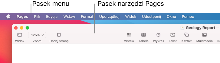 Pasek menu na górze ekranu, zawierający menu Apple, Pages, Plik, Edycja, Wstaw, Format, Uporządkuj, Widok, Udostępnij, Okno oraz Pomoc. Poniżej widoczny jest otwarty dokument Pages, zawierający w górnej części pasek narzędzi z przyciskami Widok, Zoom, Dodaj stronę, Wstaw, Tabela, Wykres, Tekst, Kształt, Multimedia oraz Komentarz.