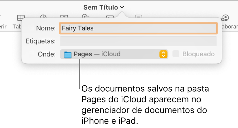 Caixa de diálogo Salvar em um documento com Pages — iCloud no menu pop-up Onde