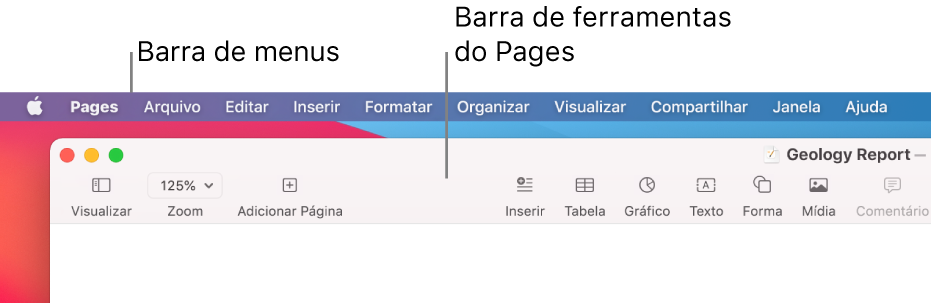 Barra de menus com os menus Apple e Pages no canto superior esquerdo e, abaixo desses, a barra de ferramentas do Pages, com os botões Visualizar e Ampliar no canto superior esquerdo.