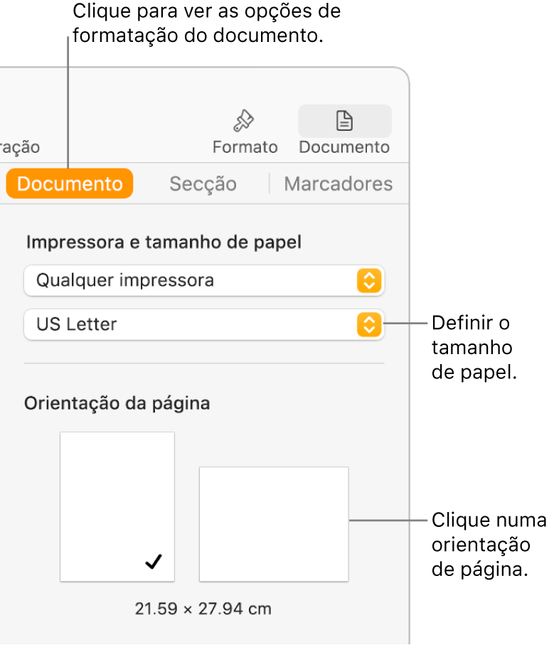 A barra lateral Documento com o separador Documento na parte superior da barra lateral selecionada. Na barra lateral está um menu pop-up para definir o tamanho de papel e botões para a orientação vertical e horizontal da página.
