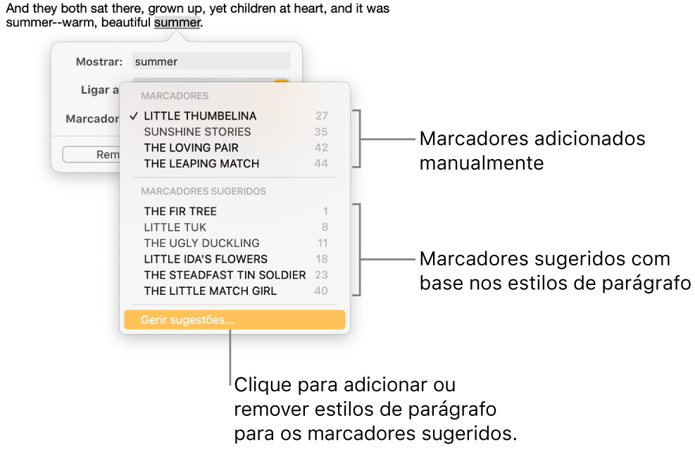 A lista de marcadores com marcadores adicionados manualmente encontra-se na parte superior e os marcadores sugeridos na parte inferior. A opção “Gerir sugestões” encontra-se na parte inferior.