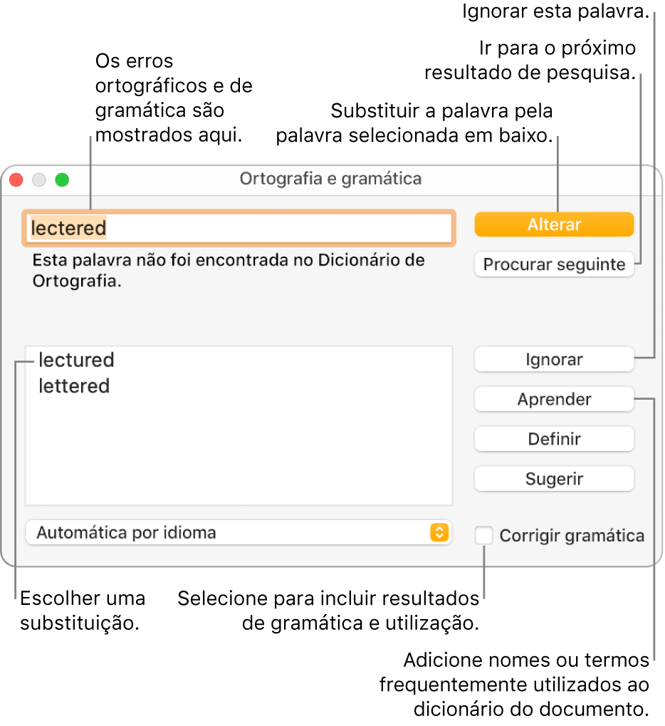 A janela “Ortografia e gramática”.