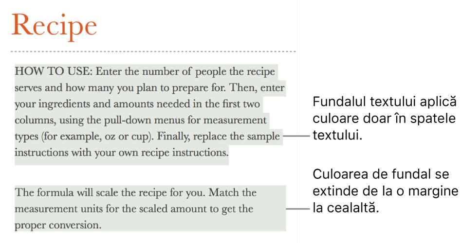 Un paragraf având culoare doar în spatele textului și alt paragraf având în spate culoare care se extinde de la o margine la alta într-un bloc.