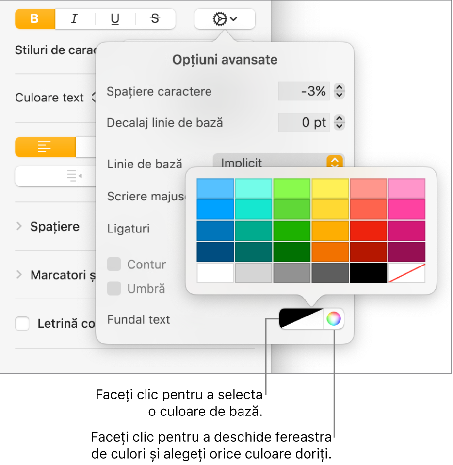 Comenzi pentru alegerea unei culori de fundal al textului.