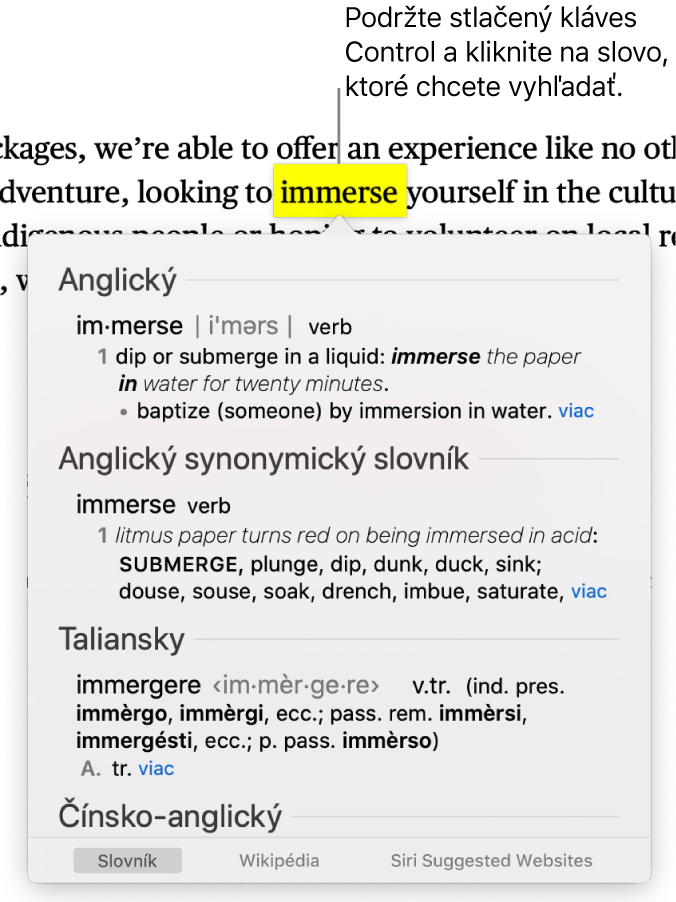 Odsek so zvýrazneným slovom a okno zobrazujúce jeho definíciu a položku zo synonymického slovníka. Tlačidlá v dolnej časti okna poskytujú odkazy na slovník, Wikipédiu a webové stránky, ktoré odporúča Siri.